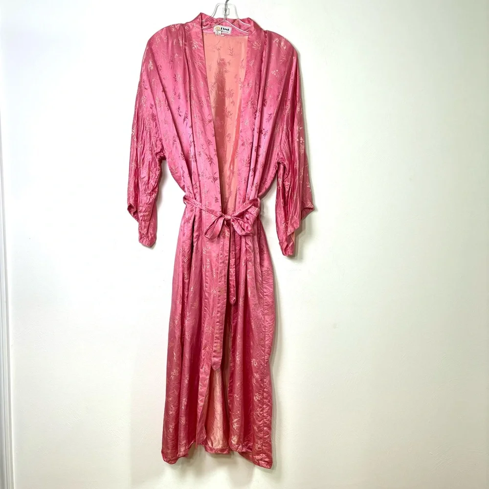 ESME Vintage Asian Oriental Embroidered Jacquard Long Silk Belted Kimono Robe M - Picture 14 of 16